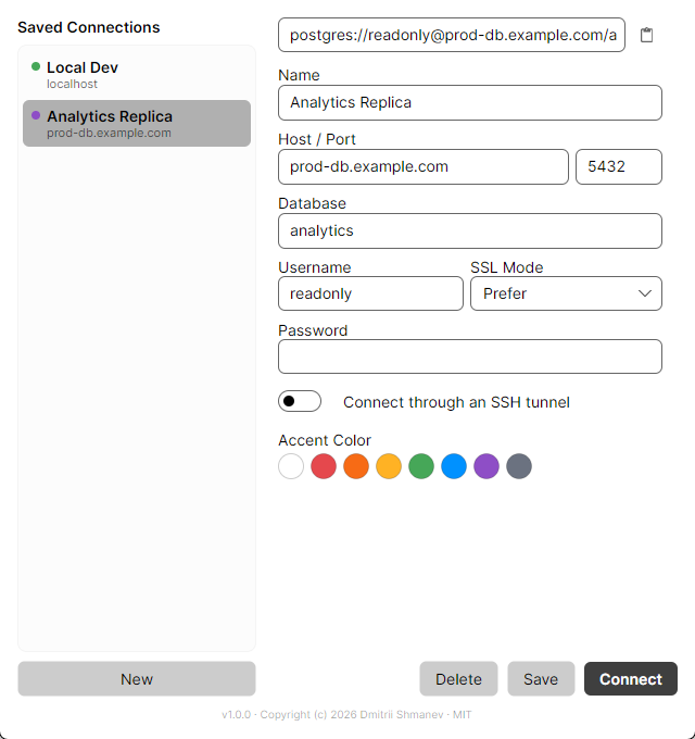 Connection dialog with saved profiles and paste-anything import