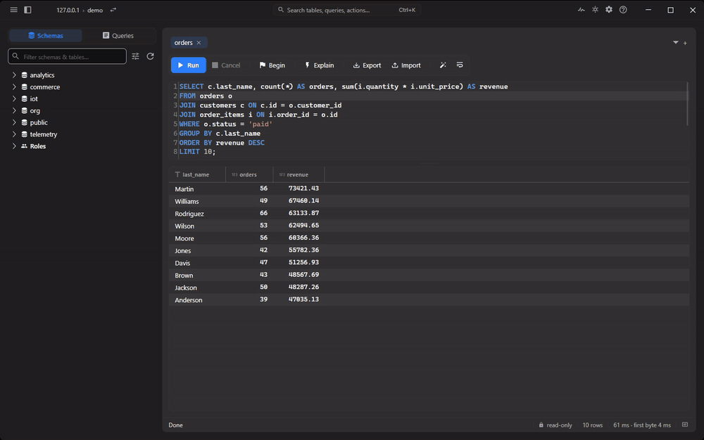 EXPLAIN ANALYZE output as text, then the Tree view with a heat bar, cost and time on every node, and the Color switch moving from time to rows, cost and buffers