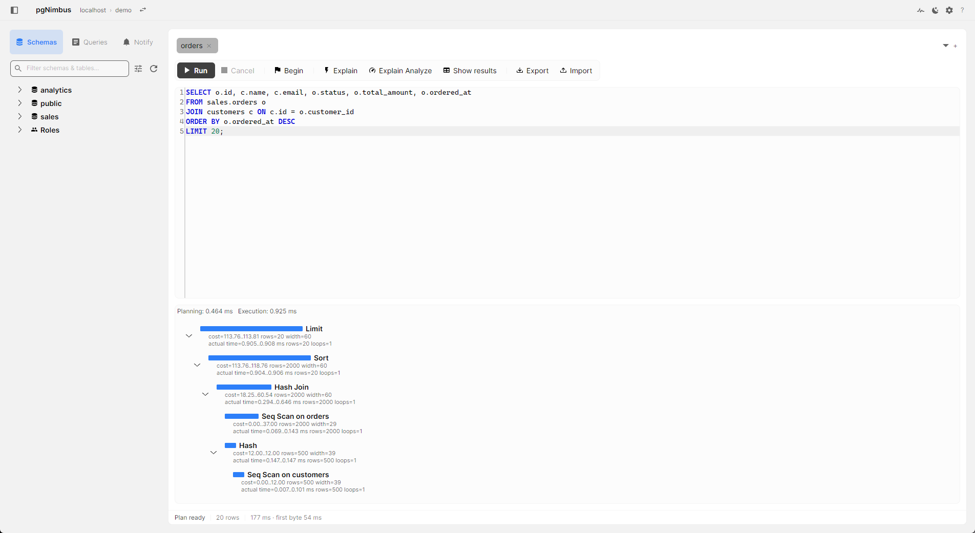 Graphical EXPLAIN ANALYZE plan tree with per-node cost and timing