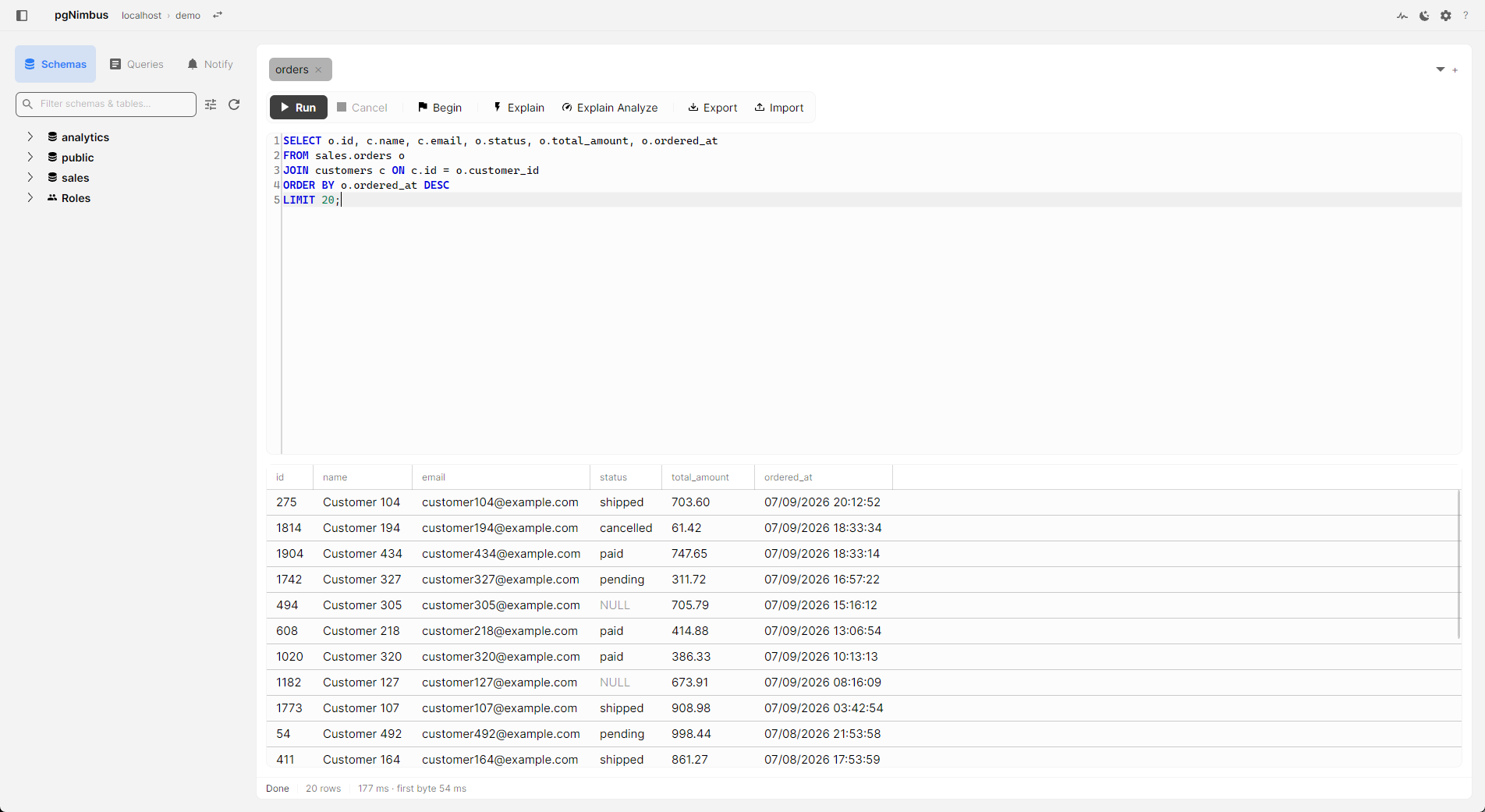 pgNimbus main window: schema tree sidebar, SQL editor with completion, streaming results grid