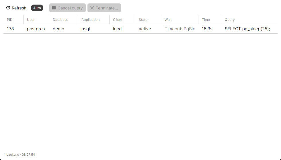 Server activity window showing a live backend and its wait event
