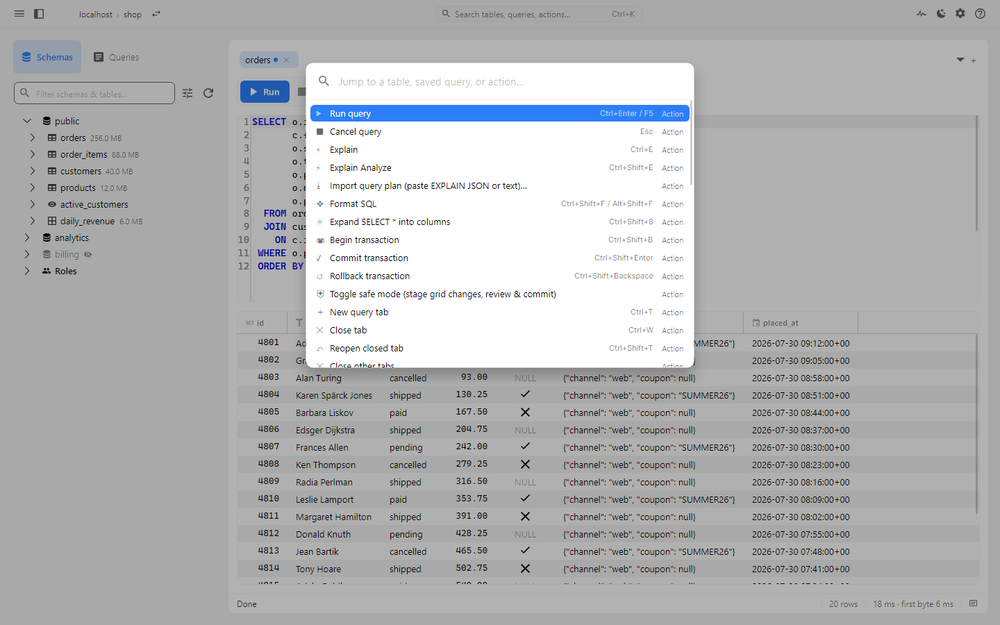 The command palette listing actions with their keyboard shortcuts