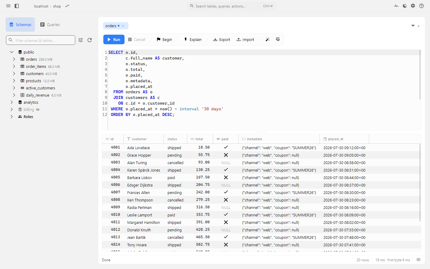 The main window: schema tree, SQL editor and results grid