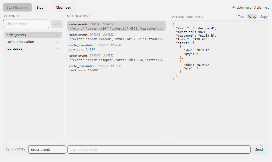 The LISTEN NOTIFY monitor with a channel list, a live feed and a formatted JSON payload
