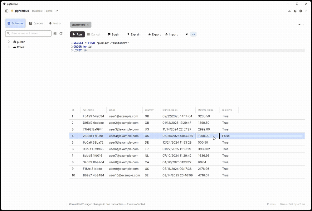 Editing cells across two tabs in safe mode, then committing both staged changes together as one transaction