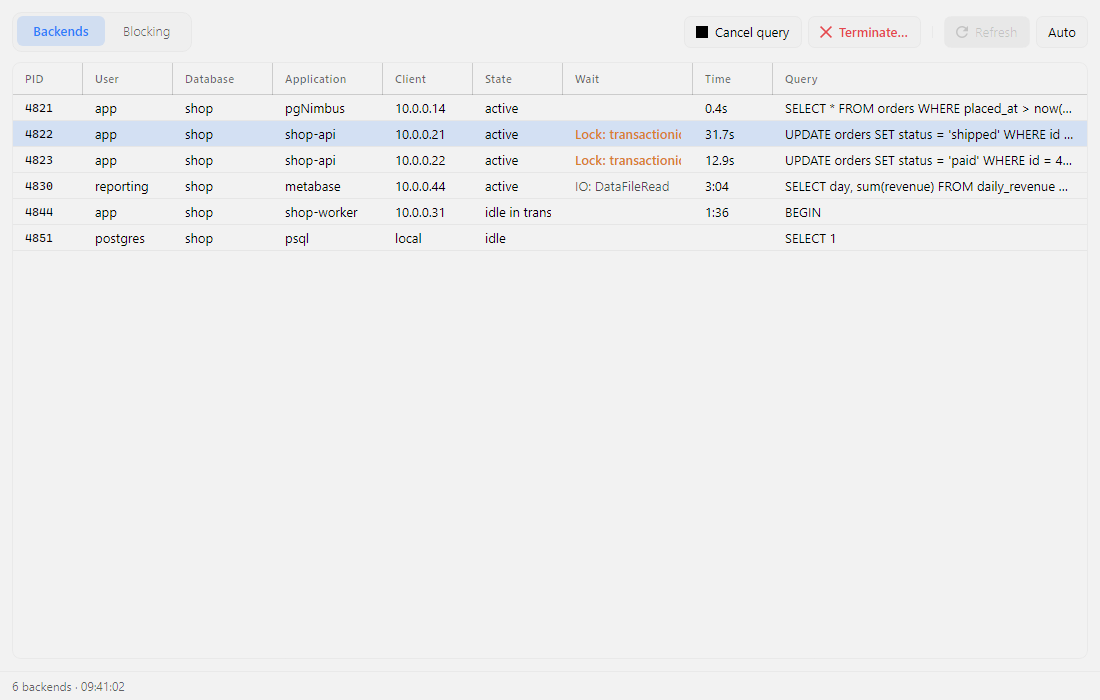 The server activity window showing live backends and their wait events